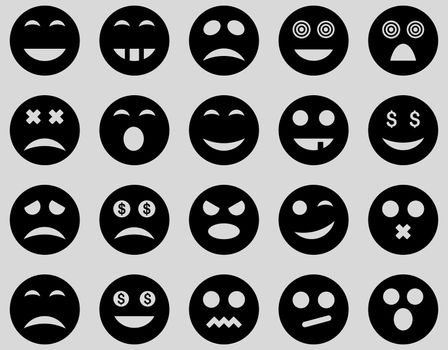 Smile and emotion icons. Glyph set style is flat images, black symbols, isolated on a light gray background.