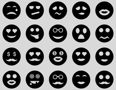 Smile and emotion icons. Glyph set style is flat images, black symbols, isolated on a light gray background.
