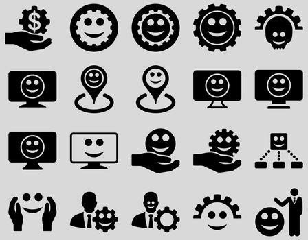 Tools, gears, smiles, map markers icons. Glyph set style is flat images, black symbols, isolated on a light gray background.
