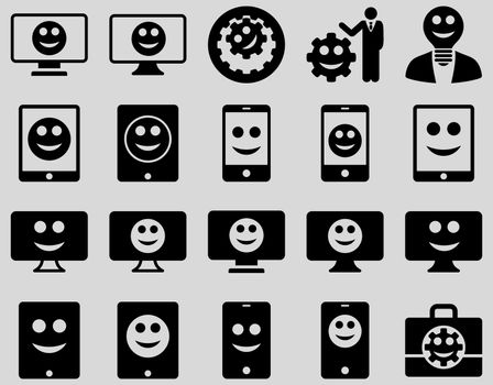 Tools, options, smiles, displays, devices icons. Glyph set style is flat images, black symbols, isolated on a light gray background.