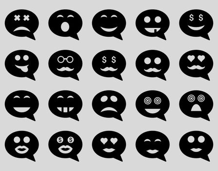 Chat emotion smile icons. Glyph set style is flat images, black symbols, isolated on a light gray background.