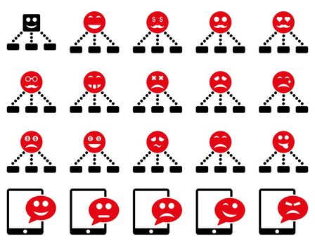 Emotion hierarchy and SMS icons. Glyph set style is bicolor flat images, intensive red and black symbols, isolated on a white background.