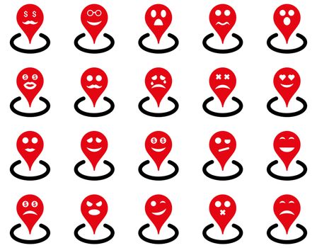 Smiled location icons. Glyph set style is bicolor flat images, intensive red and black symbols, isolated on a white background.