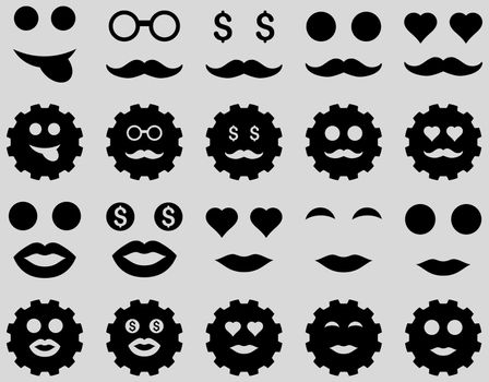 Tool, gear, smile, emotion icons. Glyph set style is flat images, black symbols, isolated on a light gray background.