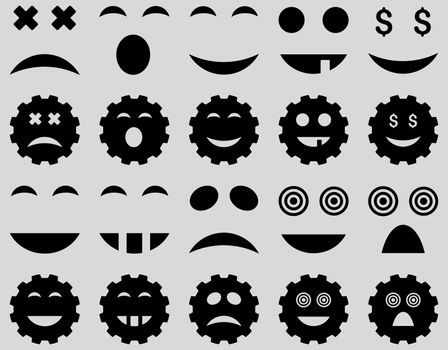 Tool, gear, smile, emotion icons. Glyph set style is flat images, black symbols, isolated on a light gray background.