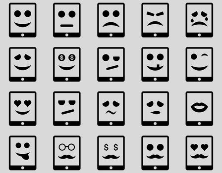 Emotion mobile tablet icons. Glyph set style is flat images, black symbols, isolated on a light gray background.
