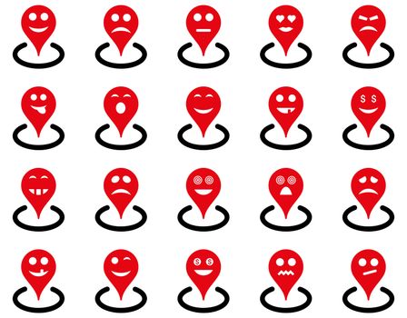 Smiled location icons. Glyph set style is bicolor flat images, intensive red and black symbols, isolated on a white background.