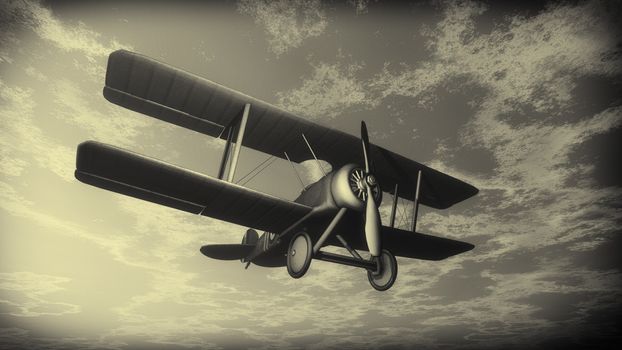 Biplane flying in the sunset cloudy sky, vintage style - 3D render