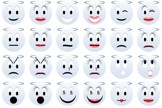 Male and female angel emoticons set or collection isolated in white background