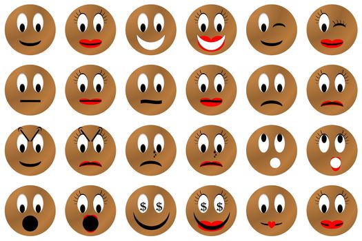 Brown male and female emoticons set or collection isolated in white background