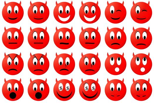 Red male and female devil emoticons set or collection isolated in white background