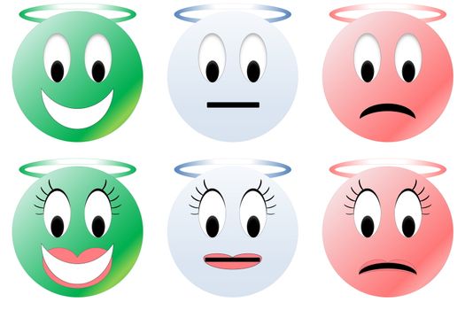 Colorful happy, neutral and unhappy angel smiley, male and female