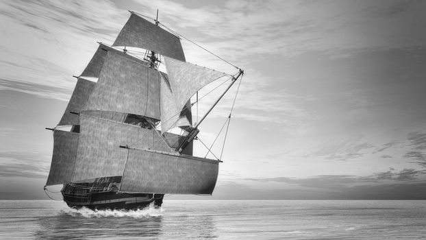 Beautiful detailed old ship HSM Victory floating on the ocean by sunset, vintage style - 3D render