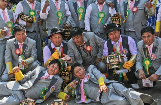 SAO PAULO, BRAZIL August 9 2015: An unidentified group of men with typical costumes wait for the Morenada parade in Bolivian Independence Day celebration in Sao Paulo Brazil.