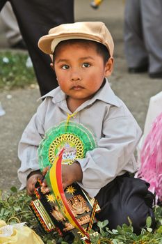 SAO PAULO, BRAZIL August 9 2015: An unidentified boy with typical costume in the Morenada parade in Bolivian Independence Day celebration in Sao Paulo Brazil.