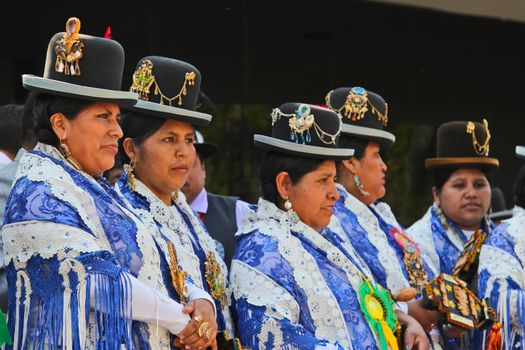 SAO PAULO, BRAZIL August 9 2015: An unidentified group of women with typical costumes wait for the Morenada parade in Bolivian Independence Day celebration in Sao Paulo Brazil.
