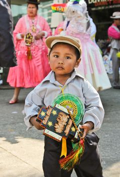 SAO PAULO, BRAZIL August 9 2015: An unidentified boy with typical costume in the Morenada parade in Bolivian Independence Day celebration in Sao Paulo Brazil.