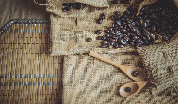 Vintage photo of Coffee beans and wooden spoon on sack surface.