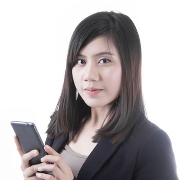 Asian woman with telephone mobile in business office concept on white background