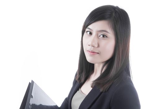 Asian woman with document file in business office concept on white background