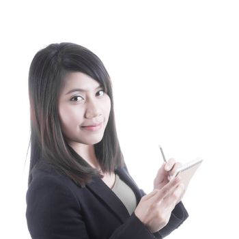 Asian woman with document note in business office concept on white background
