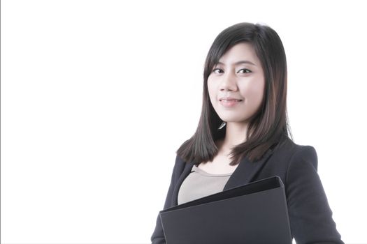 Asian woman with document file in business office concept on white background