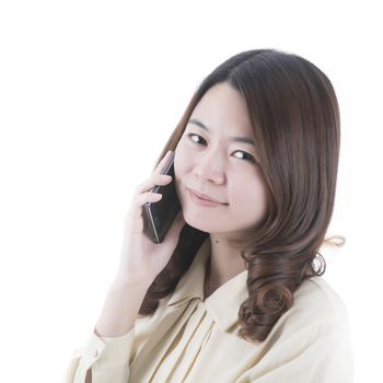 Asian woman with telephone mobile in business office concept on white background