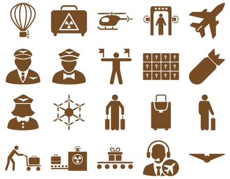 Airport Icon Set. These flat icons use brown color. Raster images are isolated on a white background.