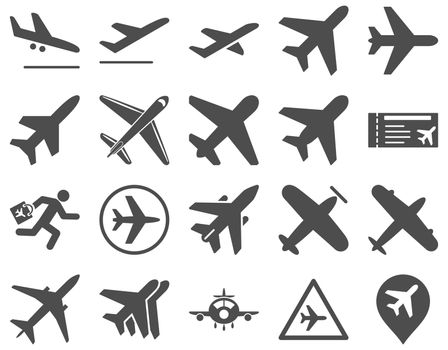 Aviation Icon Set. These flat icons use gray color. Raster images are isolated on a white background.