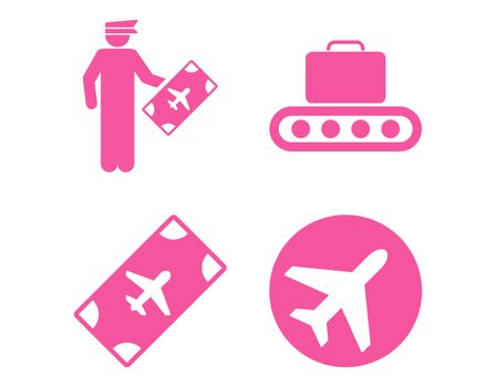 Aviation Icon Set. These flat icons use pink color. Raster images are isolated on a white background.