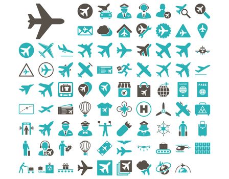 Aviation Icon Set. These flat bicolor icons use grey and cyan colors. Raster images are isolated on a white background.