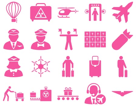 Airport Icon Set. These flat icons use pink color. Raster images are isolated on a white background.