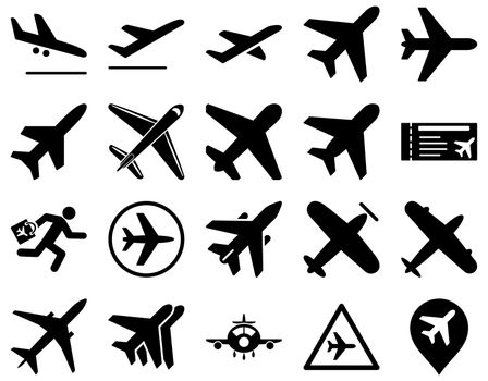 Aviation Icon Set. These flat icons use black color. Raster images are isolated on a white background.