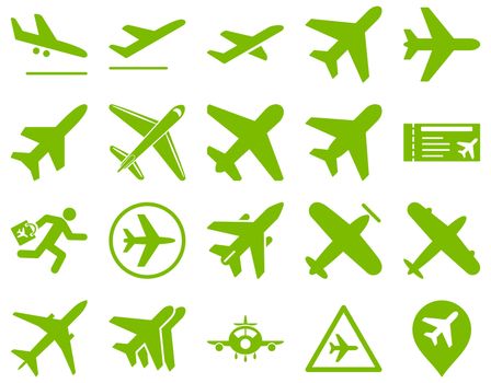 Aviation Icon Set. These flat icons use eco green color. Raster images are isolated on a white background.