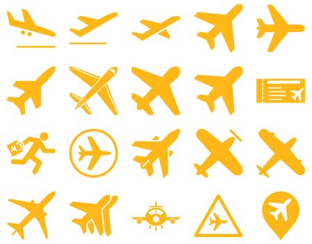 Aviation Icon Set. These flat icons use yellow color. Raster images are isolated on a white background.