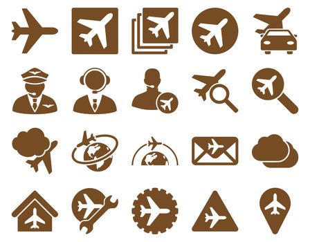 Aviation Icon Set. These flat icons use brown color. Raster images are isolated on a white background.