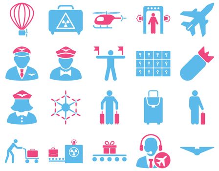 Airport Icon Set. These flat bicolor icons use pink and blue colors. Raster images are isolated on a white background.