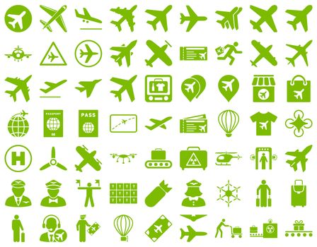 Aviation Icon Set. These flat icons use eco green color. Raster images are isolated on a white background.