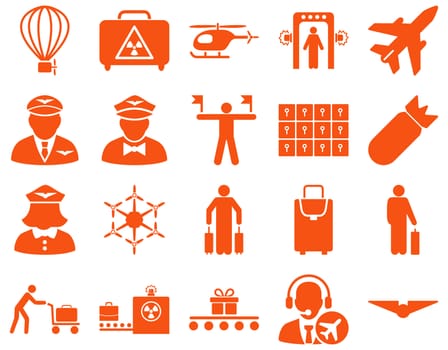 Airport Icon Set. These flat icons use orange color. Raster images are isolated on a white background.