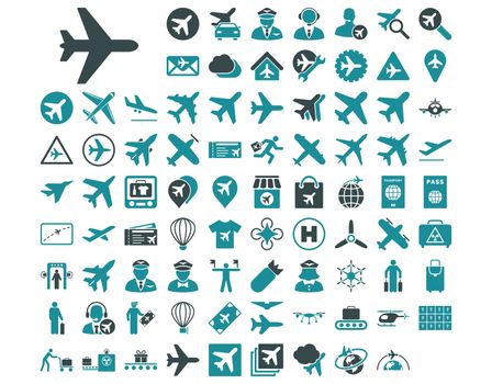 Aviation Icon Set. These flat bicolor icons use soft blue colors. Raster images are isolated on a white background.