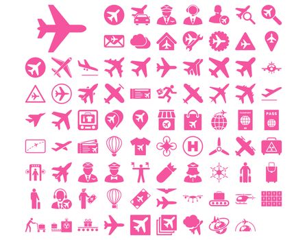 Aviation Icon Set. These flat icons use pink color. Raster images are isolated on a white background.