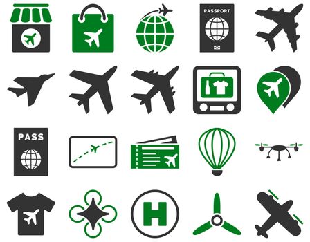 Airport Icon Set. These flat bicolor icons use green and gray colors. Raster images are isolated on a white background.