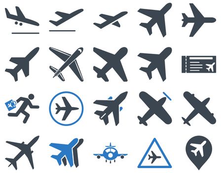 Aviation Icon Set. These flat bicolor icons use smooth blue colors. Raster images are isolated on a white background.