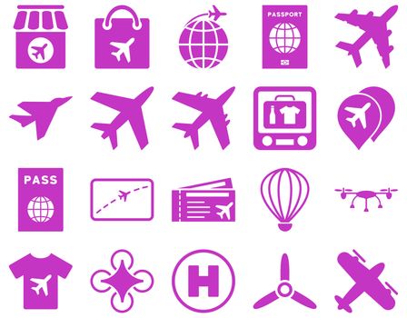 Airport Icon Set. These flat icons use violet color. Raster images are isolated on a white background.