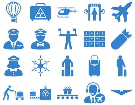 Airport Icon Set. These flat icons use cobalt color. Raster images are isolated on a white background.
