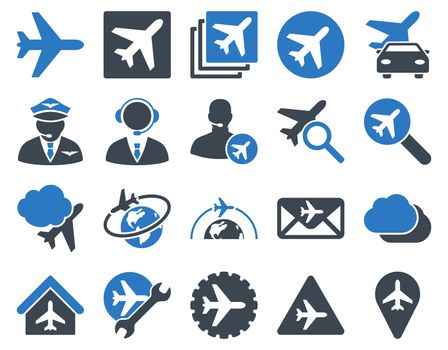 Aviation Icon Set. These flat bicolor icons use smooth blue colors. Raster images are isolated on a white background.