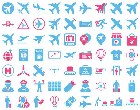 Aviation Icon Set. These flat bicolor icons use pink and blue colors. Raster images are isolated on a white background.