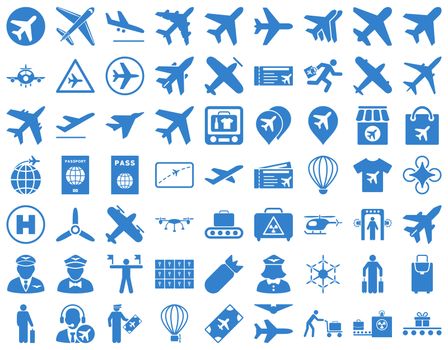 Aviation Icon Set. These flat icons use cobalt color. Raster images are isolated on a white background.