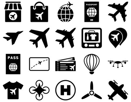 Airport Icon Set. These flat icons use black color. Raster images are isolated on a white background.