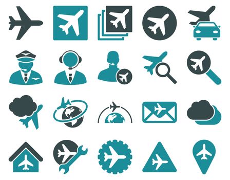 Aviation Icon Set. These flat bicolor icons use soft blue colors. Raster images are isolated on a white background.